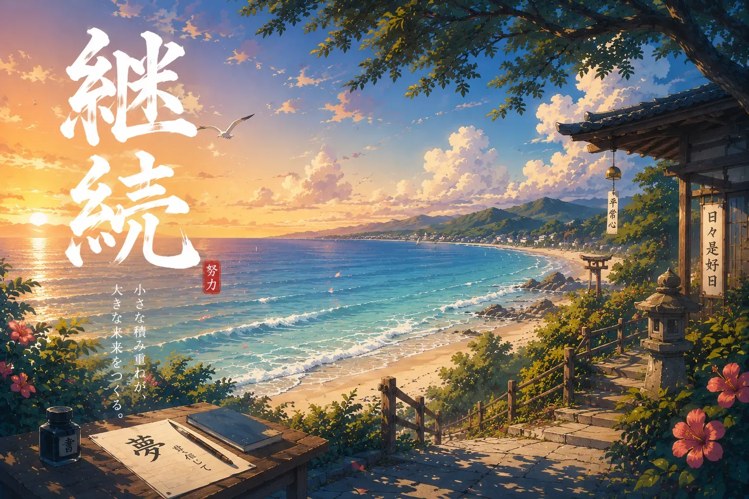 Ink, brush and paper for kanji writing practice at a coastal desk at sunset